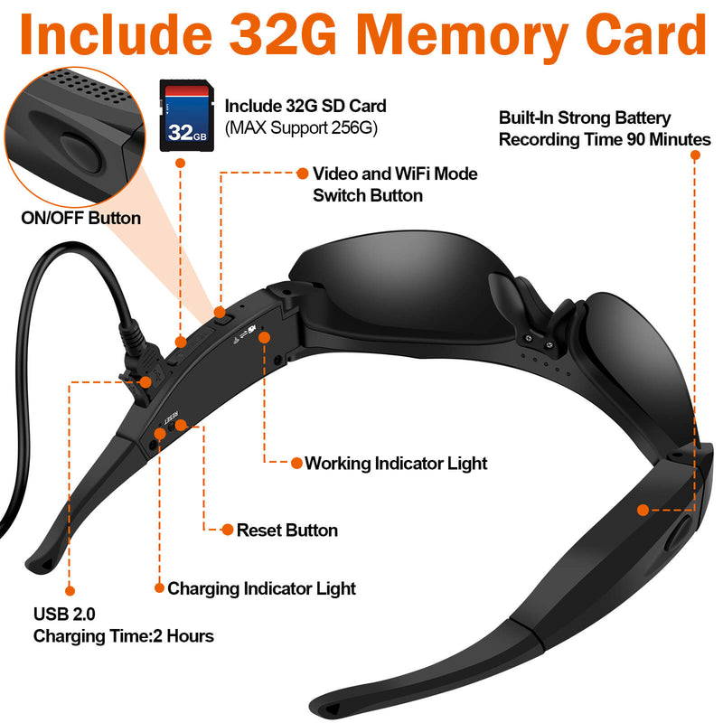 SIXMOU MS35 APP Sports Video Sunglasses, HD1080p Camera, Videos and Photos Easy Download to Your Phone, Share with Your Friends and Family Immediately(Include 32G Memory Card)