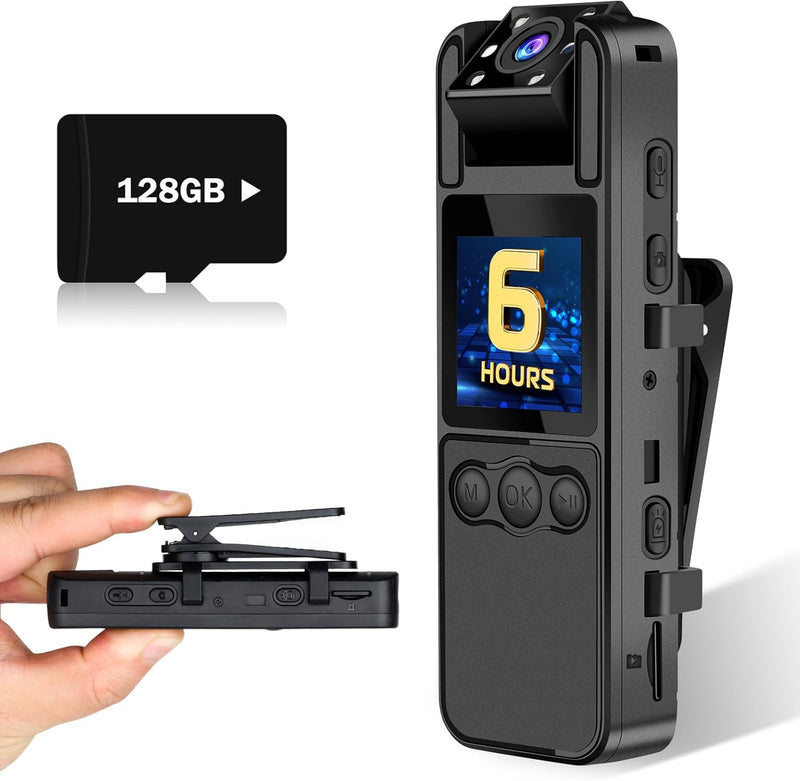 128G Body Camera with Audio and Video Recording, 6 Hours HD 1080P Body Cam with 180° Rotating Lens, Spring Backclip, Night Vision, Wearable Recorder for Personal Civilians